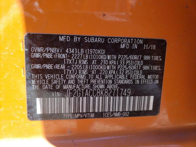 JF2GTACC8K8271749 - 2019 SUBARU CROSSTREK ORANGE photo 10