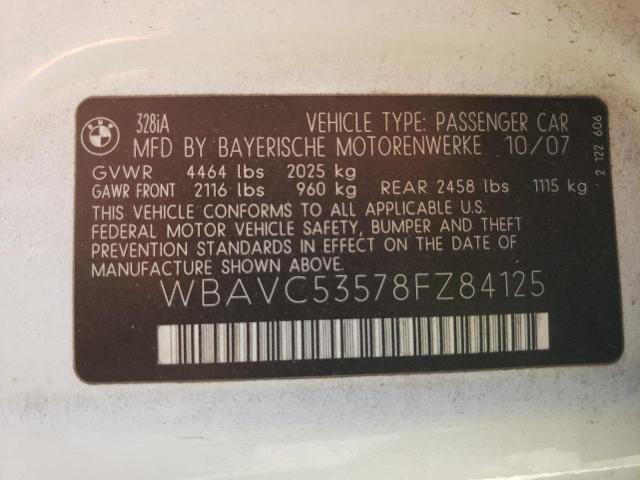 WBAVC53578FZ84125 - 2008 BMW 328 I SULE WHITE photo 10