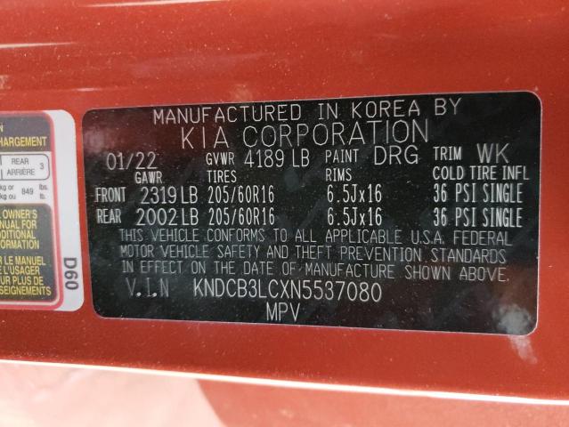 KNDCB3LCXN5537080 - 2022 KIA NIRO LX ORANGE photo 10