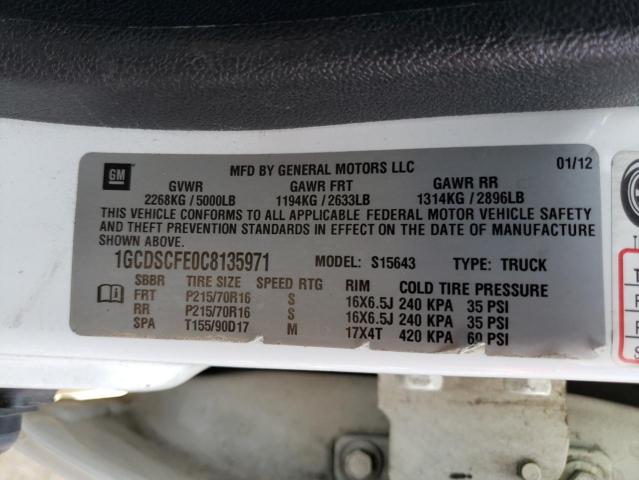 1GCDSCFE0C8135971 - 2012 CHEVROLET COLORADO L WHITE photo 10