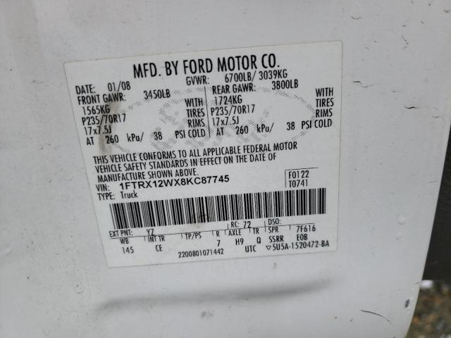 1FTRX12WX8KC87745 - 2008 FORD F150 WHITE photo 10