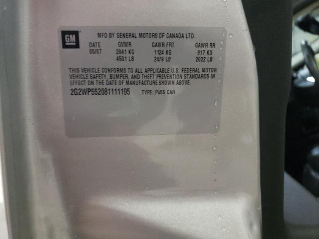 2G2WP552081111195 - 2008 PONTIAC GRAND PRIX SILVER photo 10