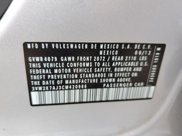 3VW2K7AJ3CM420966 - 2012 VOLKSWAGEN JETTA BASE Արծաթագույն լուսանկար 10