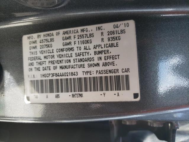 1HGCP3F84AA021843 - 2010 HONDA ACCORD EXL GRAY photo 10