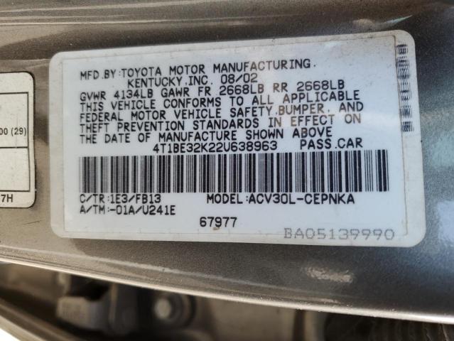 4T1BE32K22U638963 - 2002 TOYOTA CAMRY LE GRAY photo 10