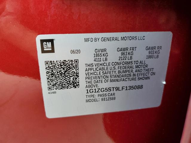 1G1ZG5ST9LF135088 - 2020 CHEVROLET MALIBU RS RED photo 10
