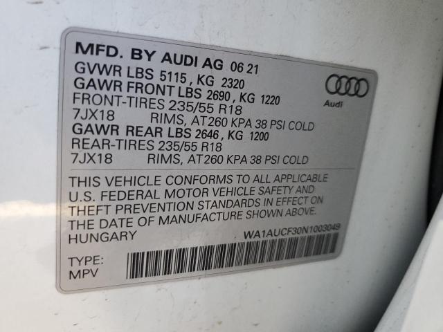 WA1AUCF30N1003049 - 2022 AUDI Q3 PREMIUM WHITE photo 10