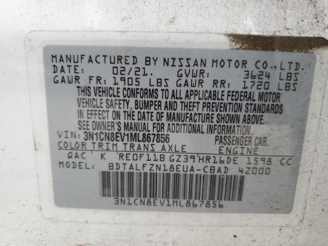 3N1CN8EV1ML867856 - 2021 NISSAN VERSA SV WHITE photo 10