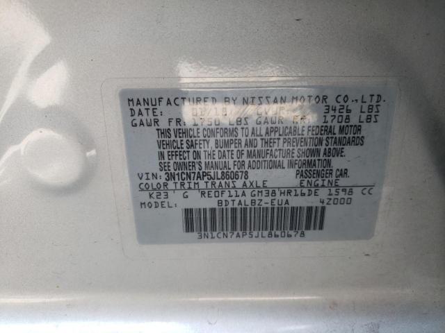 3N1CN7AP5JL860678 - 2018 NISSAN VERSA SILVER photo 10