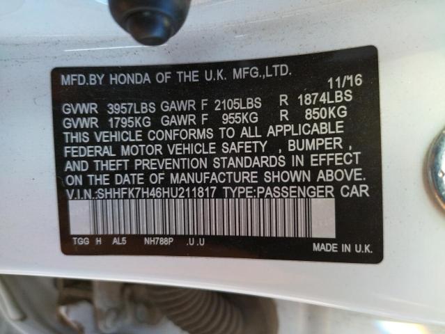 SHHFK7H46HU211817 - 2017 HONDA CIVIC SPOR WHITE photo 10