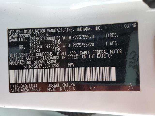 5TDKY5G17JS071255 - 2018 TOYOTA SEQUOIA LI WHITE photo 10