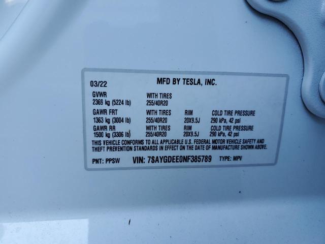7SAYGDEE0NF385789 - 2022 TESLA MODEL Y  photo 10