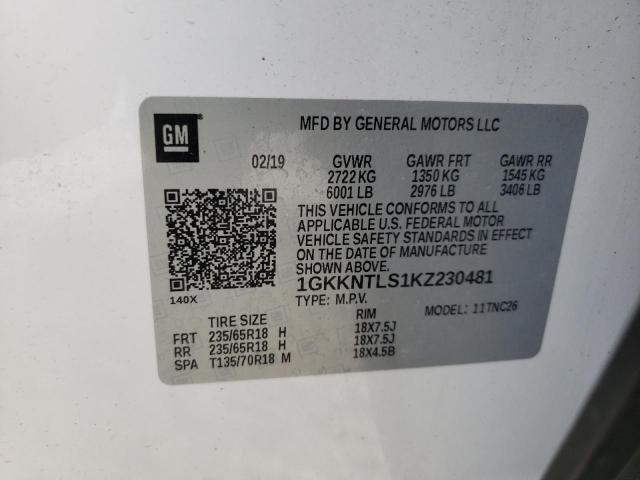 1GKKNTLS1KZ230481 - 2019 GMC ACADIA ALL WHITE photo 10