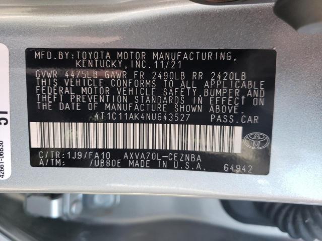 4T1C11AK4NU643527 - 2022 TOYOTA CAMRY LE SILVER photo 10