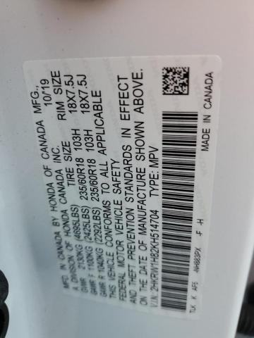 2HKRW1H82KH514704 - 2019 HONDA CR-V EXL WHITE photo 10