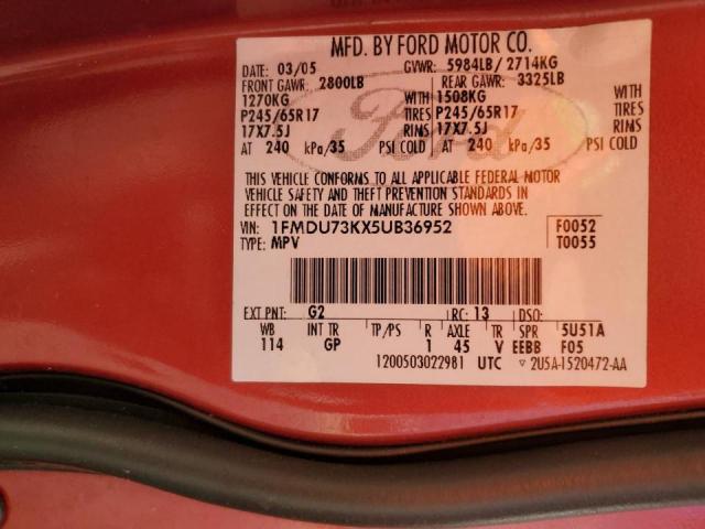 1FMDU73KX5UB36952 - 2005 FORD EXPLORER RED photo 10