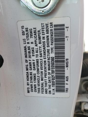 19XFB2F78FE050360 - 2015 HONDA CIVIC SE WHITE photo 10