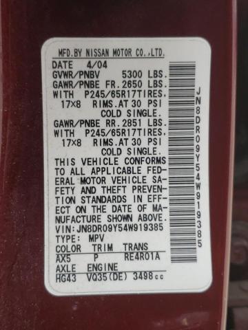 JN8DR09Y54W919385 - 2004 NISSAN PATHFINDER MAROON photo 10