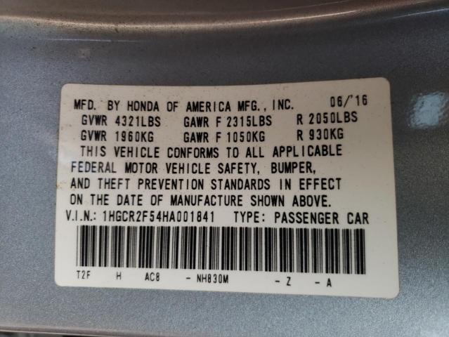 1HGCR2F54HA001841 - 2017 HONDA ACCORD SPO SILVER photo 10