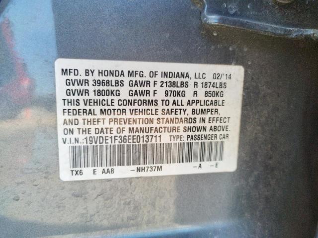 19VDE1F36EE013711 - 2014 ACURA ILX 20 GRAY photo 10