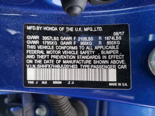 SHHFK7H49JU201403 - 2018 HONDA CIVIC SPOR BLUE photo 10