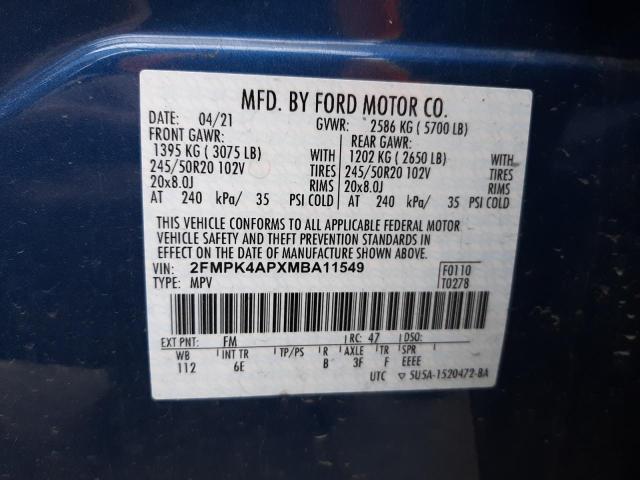 2FMPK4APXMBA11549 - 2021 FORD EDGE ST BLUE photo 10