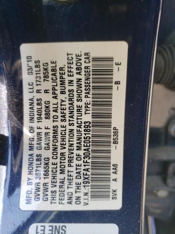 19XFA1F30AE051893 - 2010 HONDA CIVIC VP BLUE photo 10