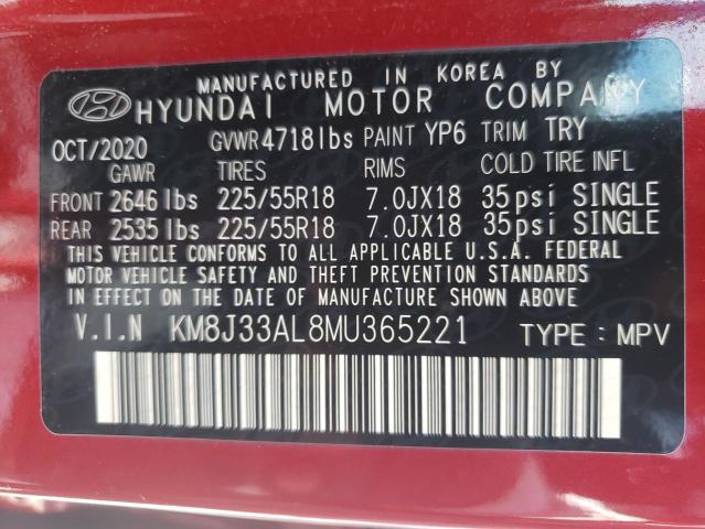 KM8J33AL8MU365221 - 2021 HYUNDAI TUCSON LIM RED photo 10