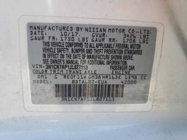 3N1CN7AP1JL827113 - 2018 NISSAN VERSA S WHITE photo 10