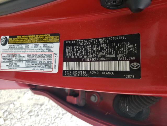 4T1BE46KX7U084093 - 2007 TOYOTA CAMRY CE RED photo 10