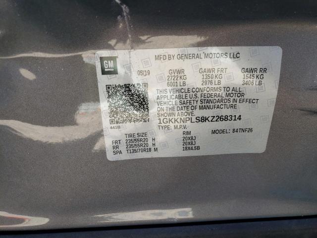 1GKKNPLS8KZ268314 - 2019 GMC ACADIA GRAY photo 10