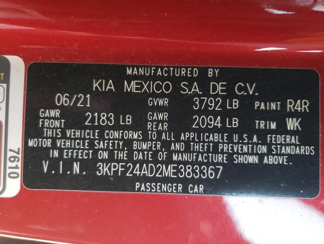 3KPF24AD2ME383367 - 2021 KIA FORTE FE RED photo 10