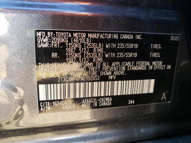 2T3C1RFV7NC192653 - 2022 TOYOTA RAV4 XLE P CHARCOAL photo 10