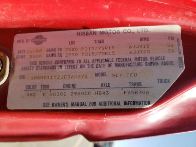 1N6HD11Y2JC362698 - 1988 NISSAN D21 SHORT RED photo 10