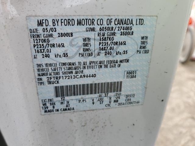 2FTRF17213CA94440 - 2003 FORD F150 WHITE photo 10