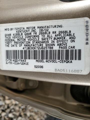 4T1BE30K72U625788 - 2002 TOYOTA CAMRY LE BEIGE photo 10