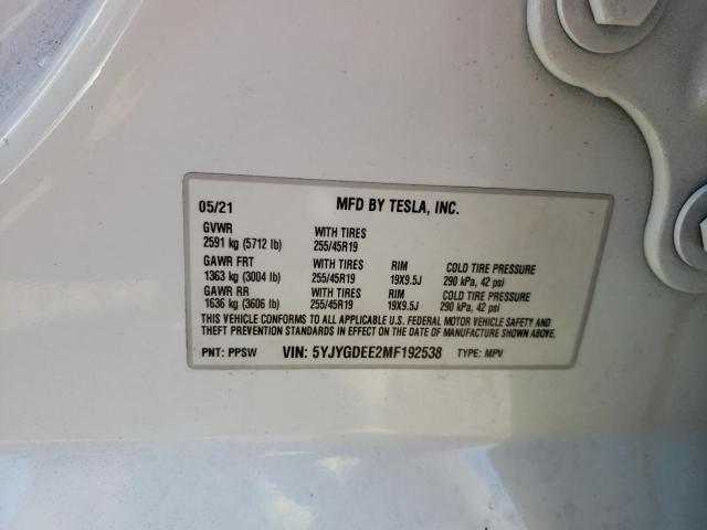 5YJYGDEE2MF192538 - 2021 TESLA MODEL Y WHITE photo 10