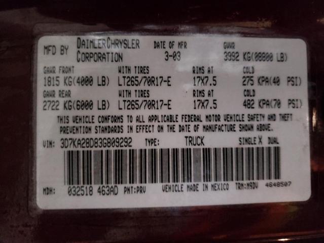 3D7KA28D83G809292 - 2003 DODGE RAM 2500 S Բորդո լուսանկար 10