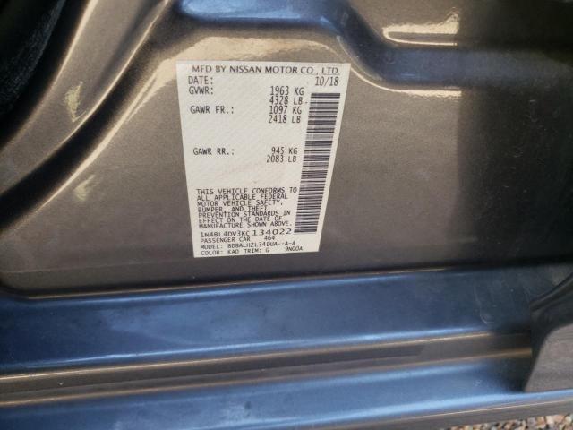 1N4BL4DV3KC134022 - 2019 NISSAN ALTIMA SV GRAY photo 10