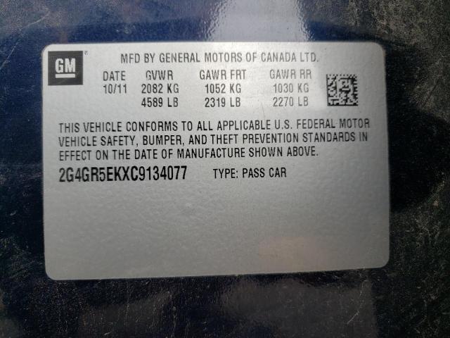 2G4GR5EKXC9134077 - 2012 BUICK REGAL BLUE photo 10