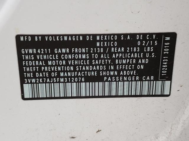 3VW2K7AJ5FM312076 - 2015 VOLKSWAGEN JETTA BASE 白色 照片 10