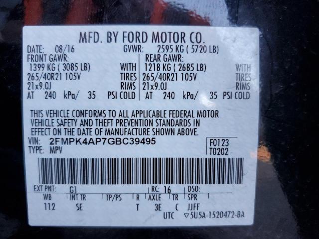 2FMPK4AP7GBC39495 - 2016 FORD EDGE SPORT BLACK photo 10