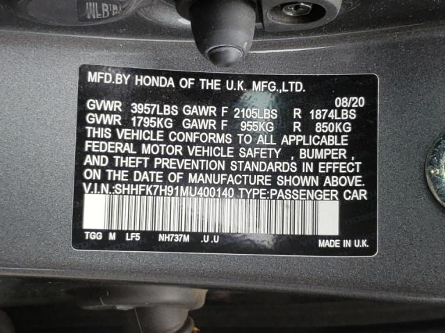 SHHFK7H91MU400140 - 2021 HONDA CIVIC SPOR GRAY photo 10