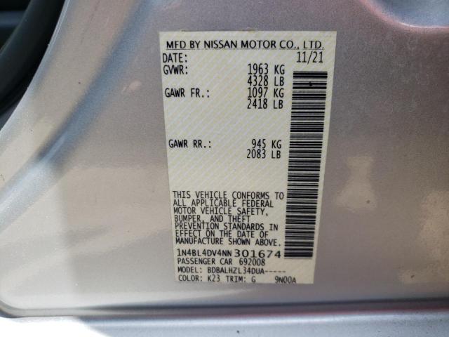 1N4BL4DV4NN301674 - 2022 NISSAN ALTIMA SV SILVER photo 10