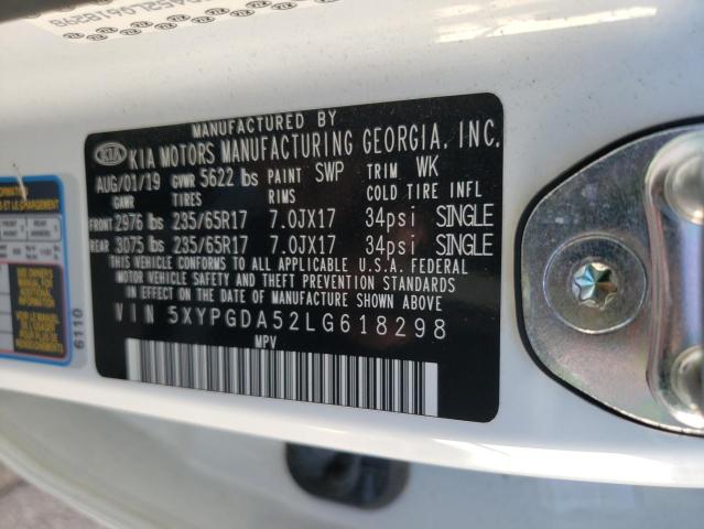 5XYPGDA52LG618298 - 2020 KIA SORENTO S WHITE photo 10