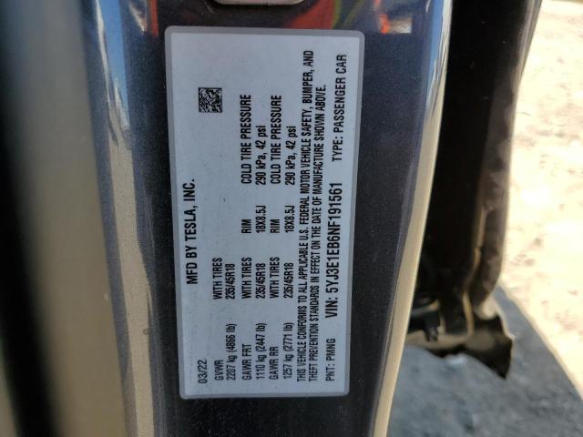 5YJ3E1EB6NF191561 - 2022 TESLA MODEL 3 GRAY photo 10