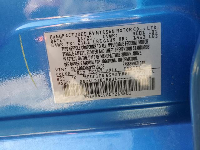 3N1AB8CV8NY213203 - 2022 NISSAN SENTRA SV BLUE photo 10