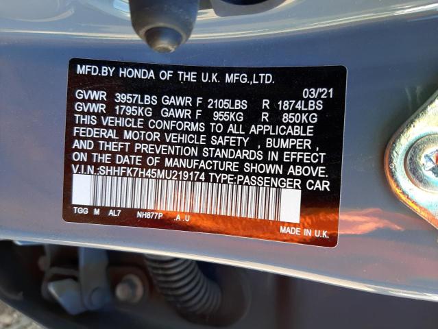 SHHFK7H45MU219174 - 2021 HONDA CIVIC SPOR GRAY photo 10