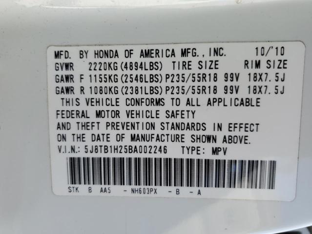 5J8TB1H25BA002246 - 2011 ACURA RDX WHITE photo 10