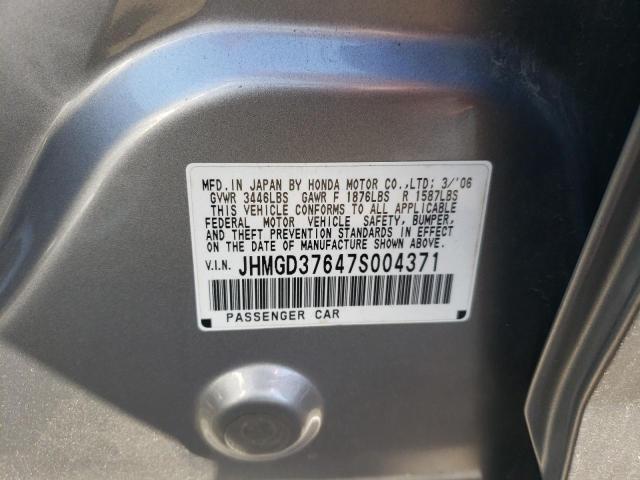 JHMGD37647S004371 - 2007 HONDA FIT S SILVER photo 10